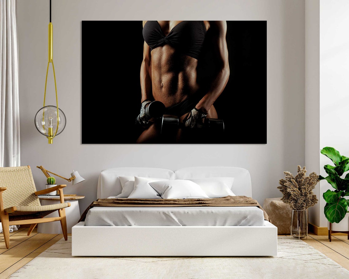 Fitness Woman With Perfect Body Holding Dumbbells Printing Art On Gym Modern Artwork Fitness Wall Art Woman Body Art On
