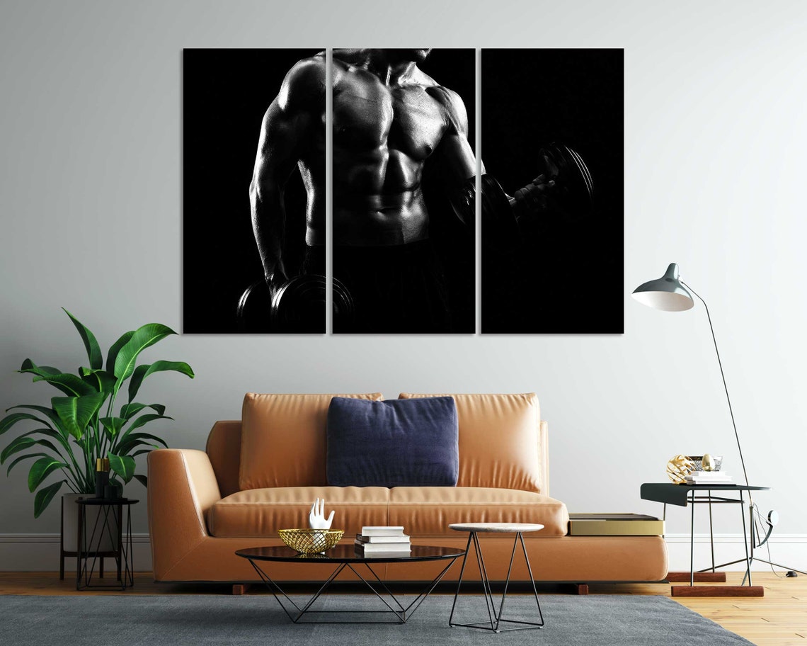 Black And White Bodybuilder Muscles Dumbbells Gym Strength Art Poster - Image 7
