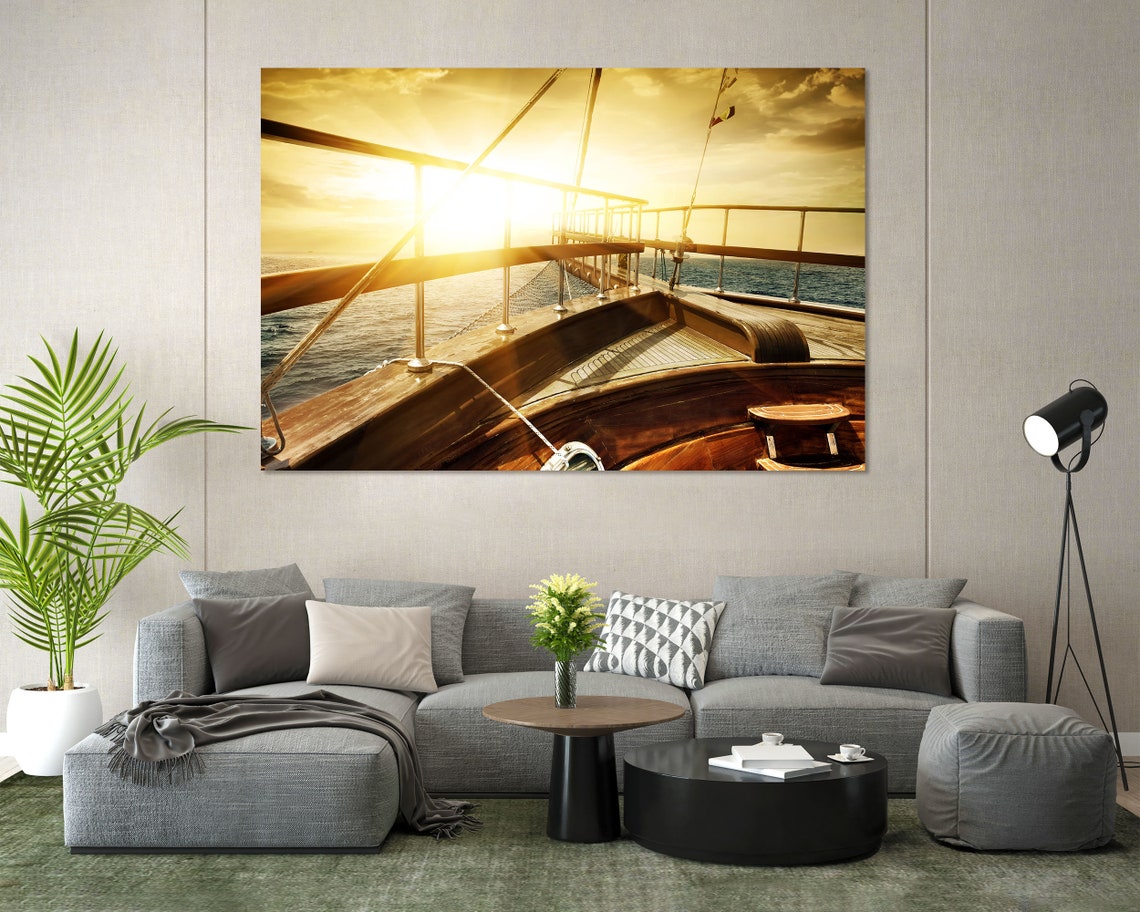 Wooden Sailboat Bow At Golden Sunset Over Open Sea Photo Poster - Image 5