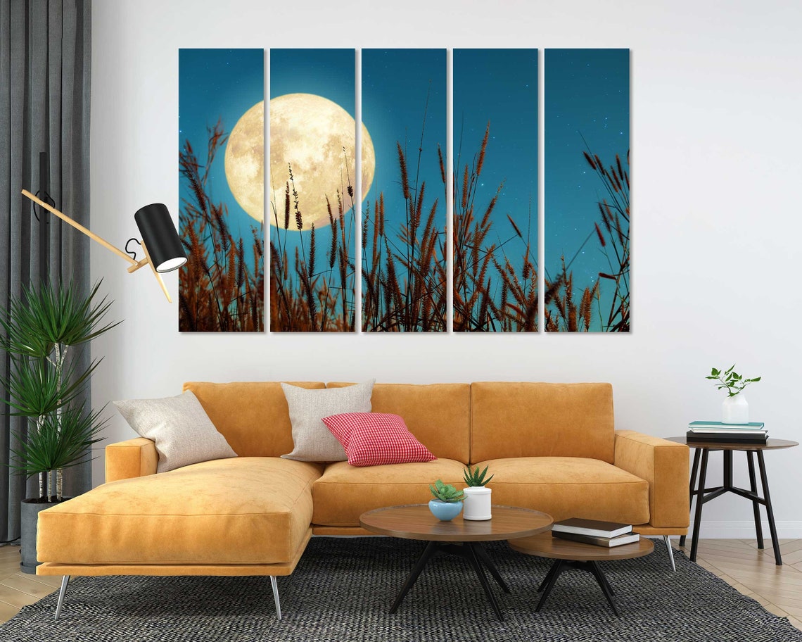 Full Moon Rising Over Tall Grass Field Starry Night Sky Nature Poster - Image 5