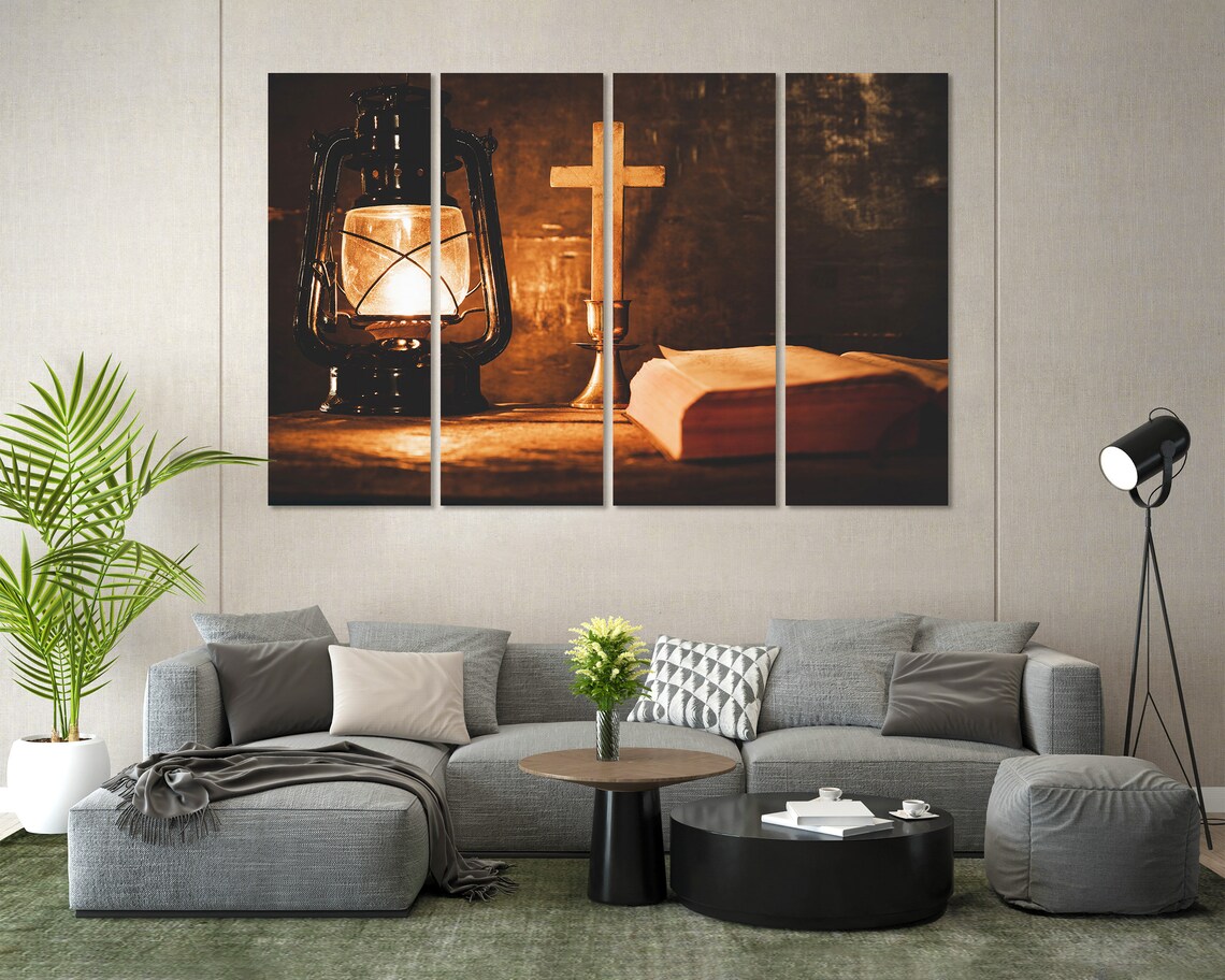 Kerosene Lantern Wooden Cross And Open Bible Warm Light Spiritual Poster - Image 8