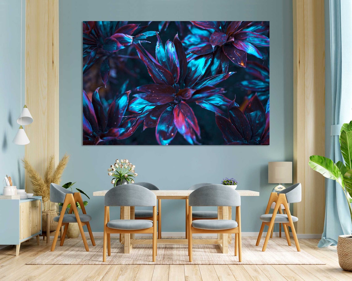 Neon Blue And Purple Tropical Leaves Dark Botanical Wall Art - Image 3