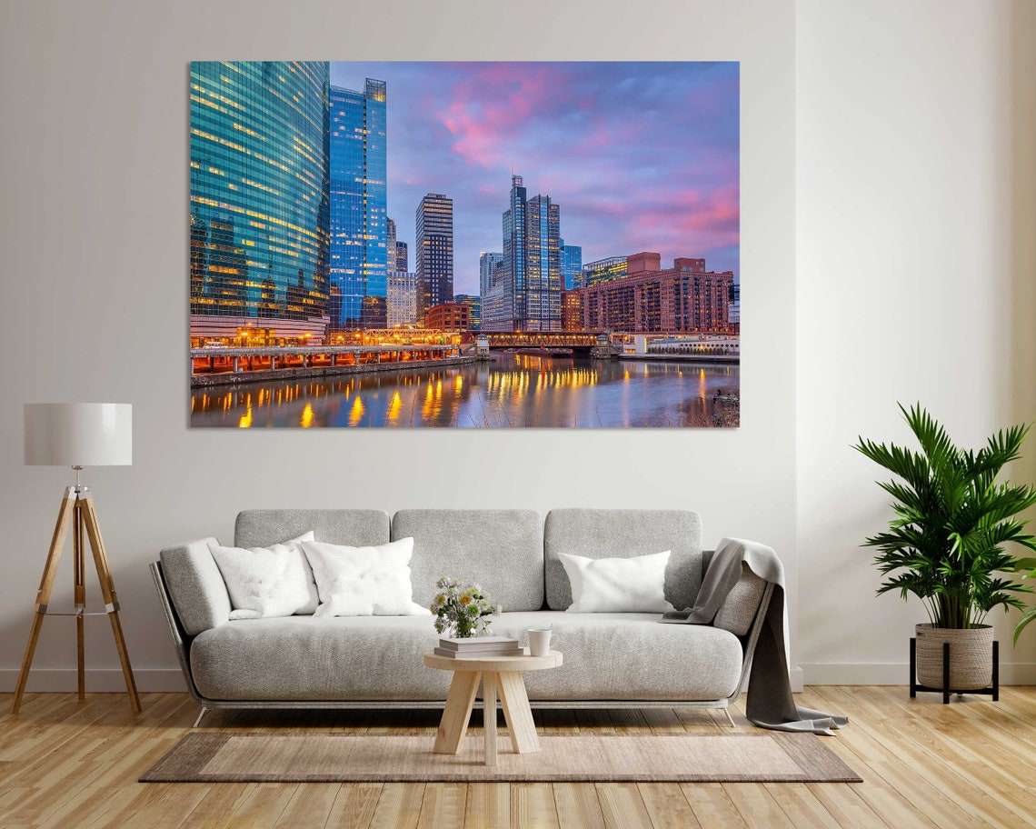 Chicago Downtown River Dusk City Lights Skyline Illinois Travel Poster