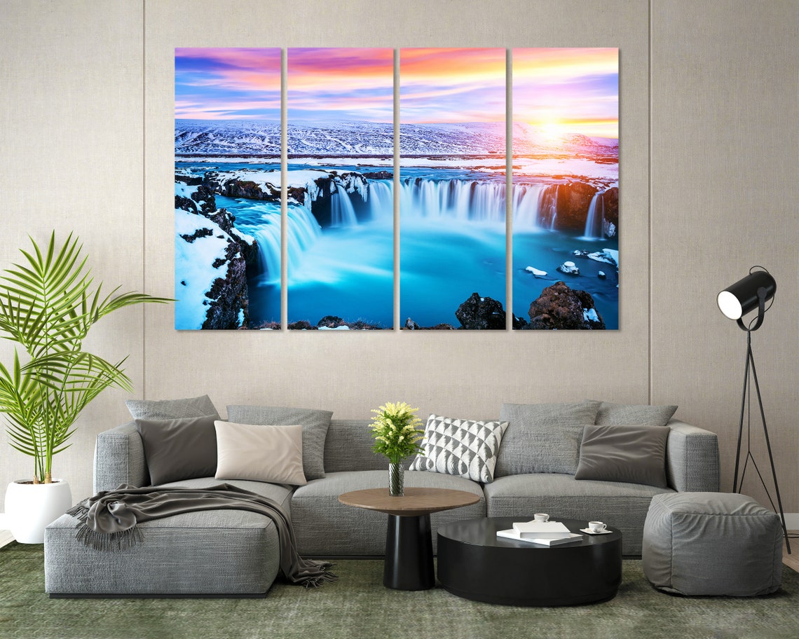 Godafoss Waterfall Iceland Winter Sunset Snow Blue Cascade Poster - Image 3