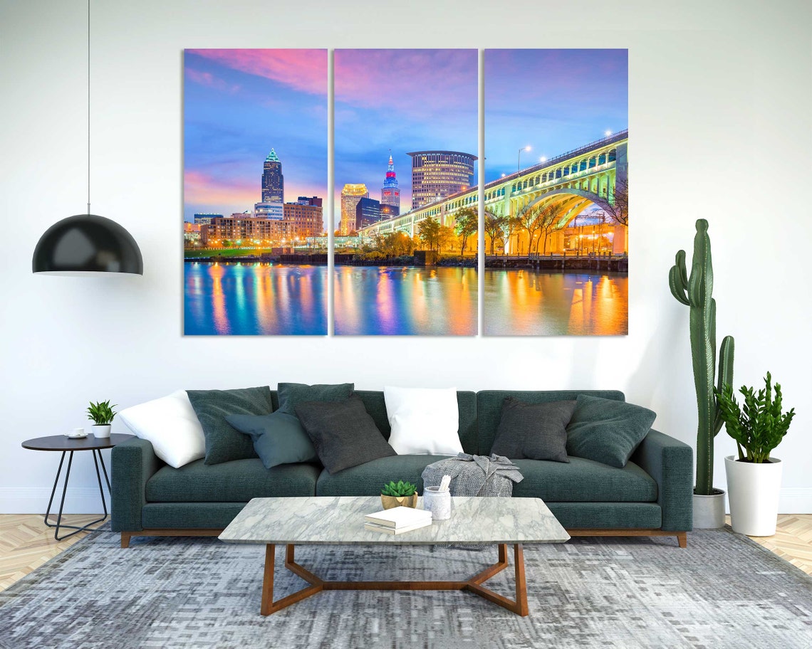 Cleveland Ohio Skyline Sunset Bridge Lights Triptych City View Poster - Image 2