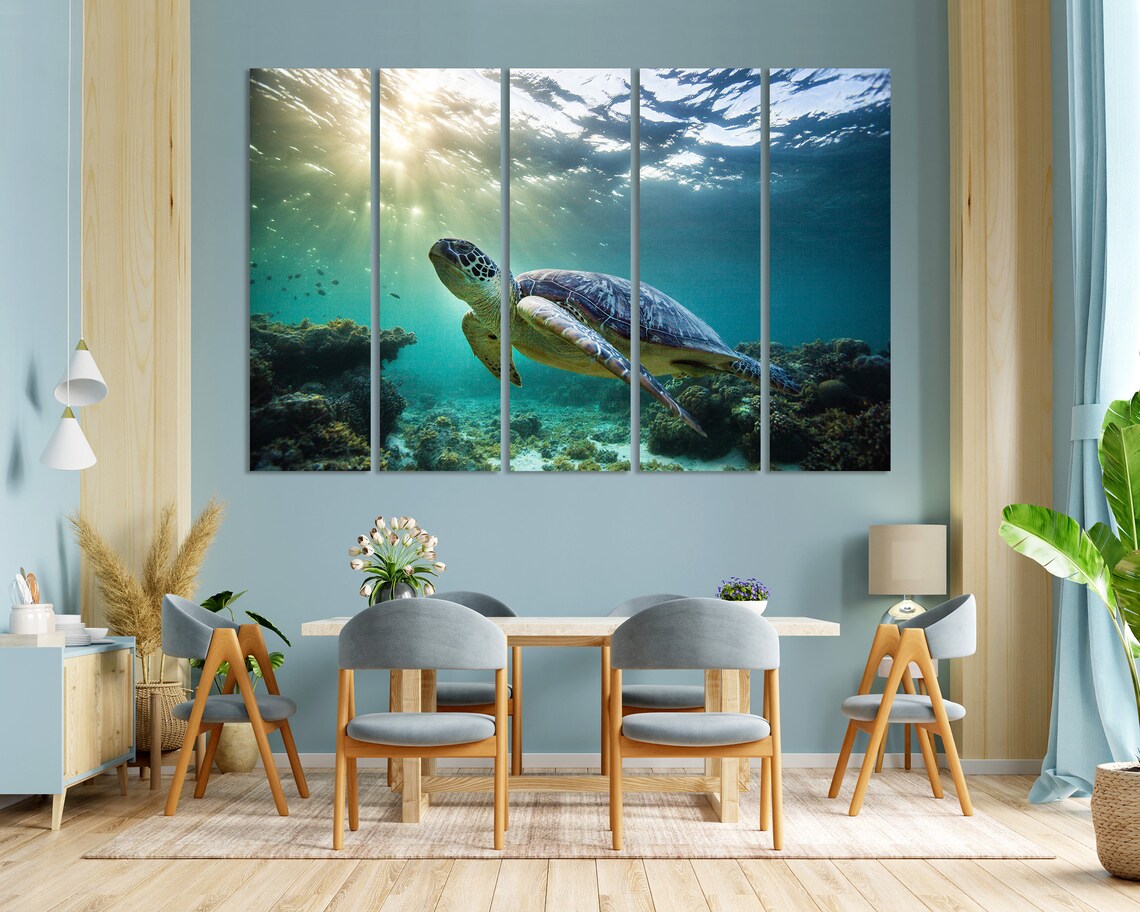 Green Sea Turtle Swimming Underwater Sun Rays Coral Reef Poster - Image 2