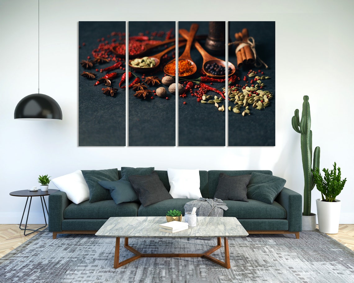 Aromatic Spices In Wooden Spoons Dark Background Quadriptych Wall Art - Image 2