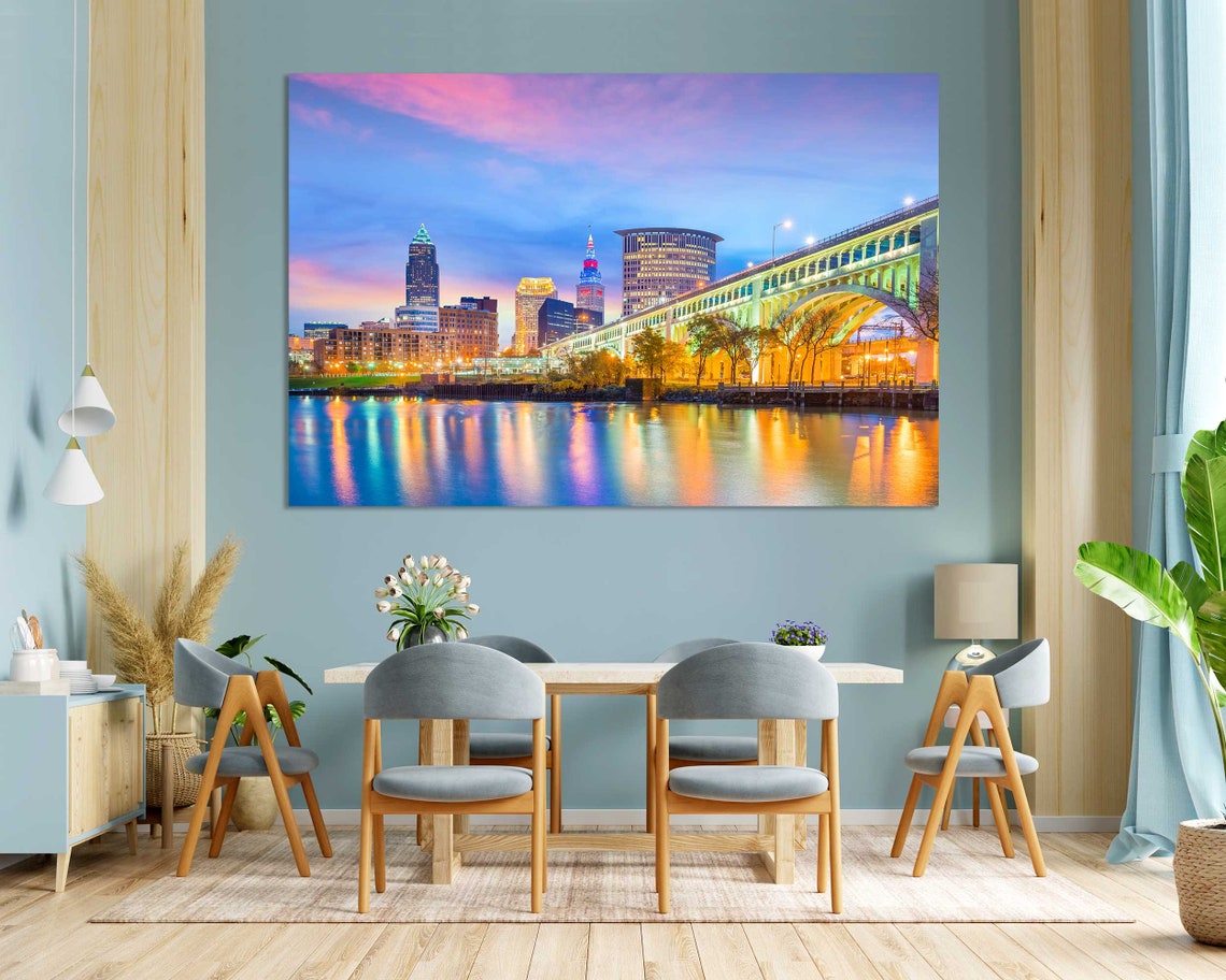 Cleveland Ohio Skyline Sunset Bridge Lights Triptych City View Poster - Image 3
