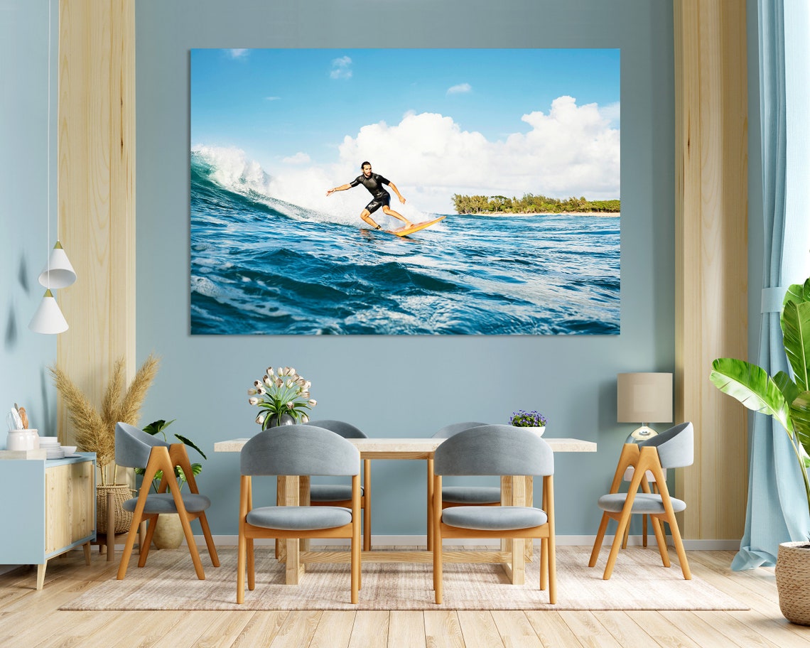 Surfer Riding Ocean Wave Sunny Blue Day Coastal Surfing Art Poster