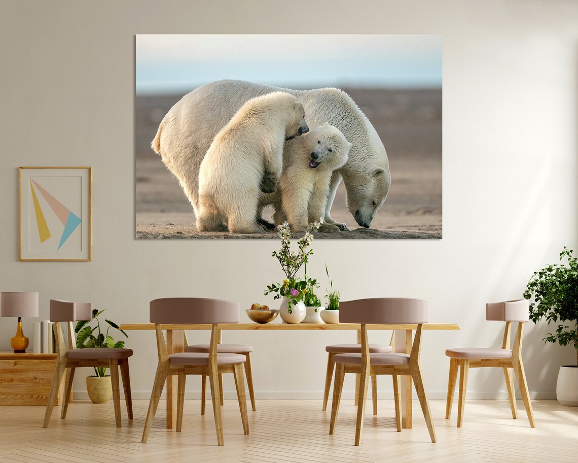 Polar Bear Mother With Two Cubs Arctic Tundra Family Wildlife Poster