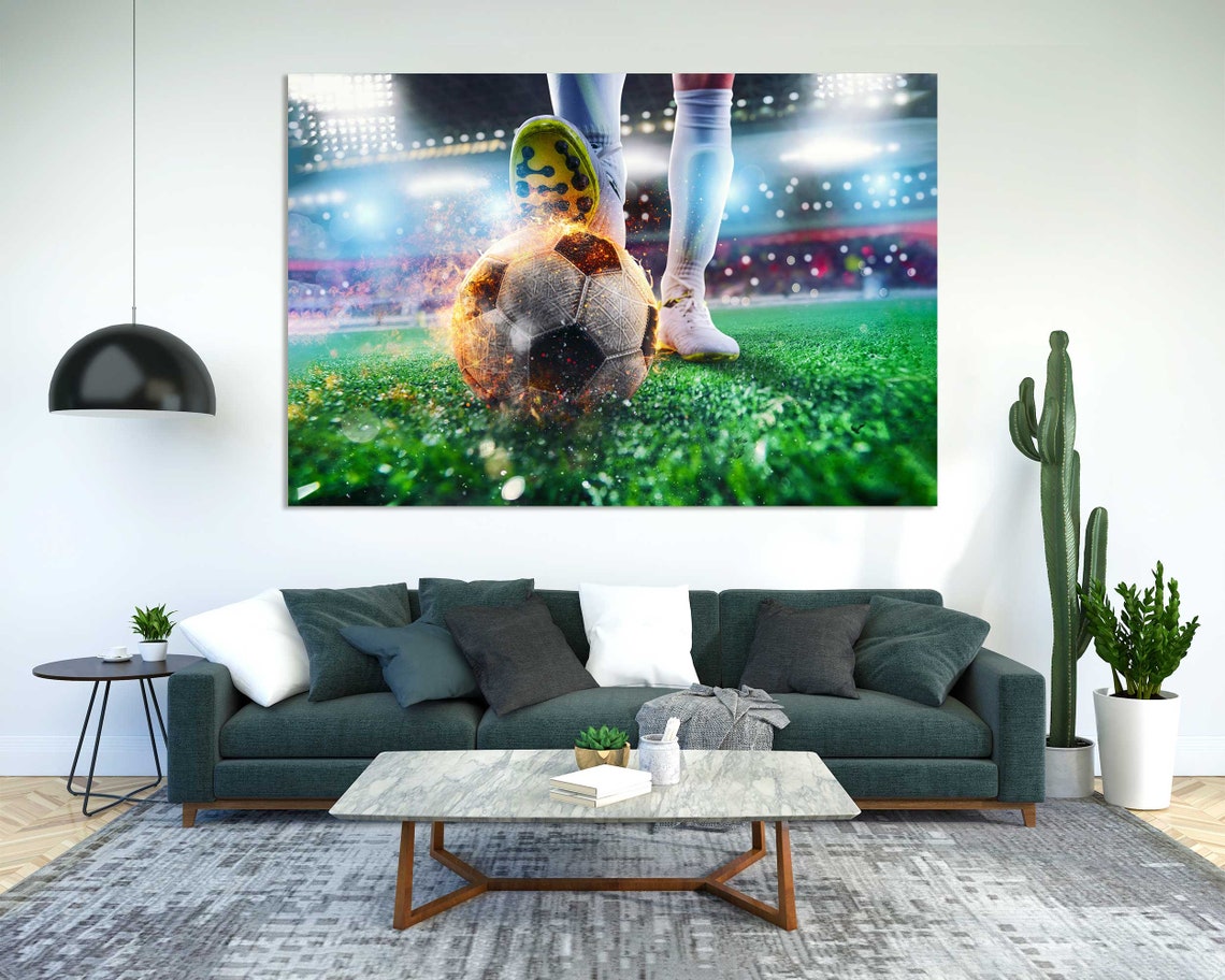 Soccer Player Kicking Flaming Ball in Stadium Sports Action Poster - Image 2