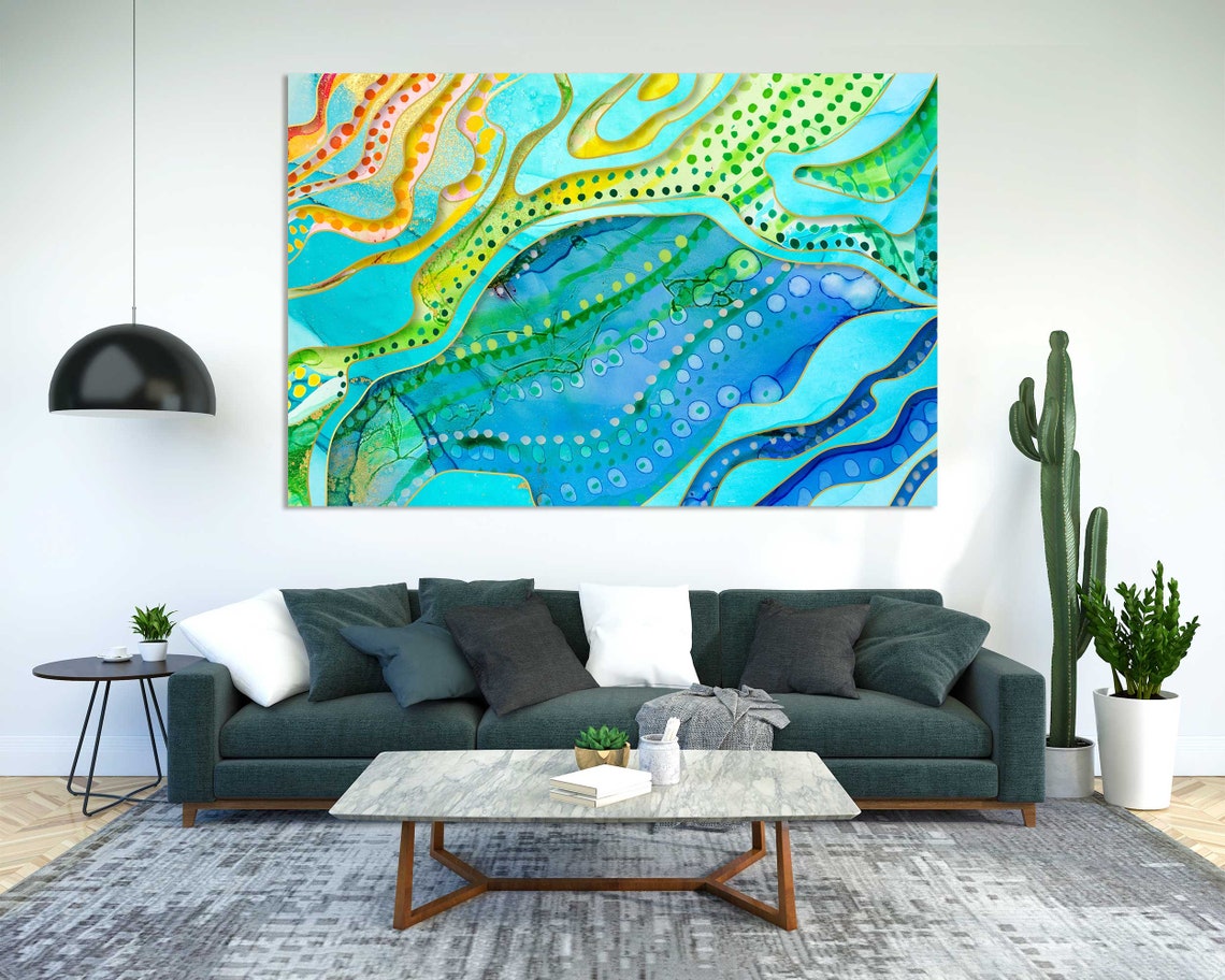 Turquoise Blue Green Yellow Abstract Waves Dotted Flow Art Poster - Image 2
