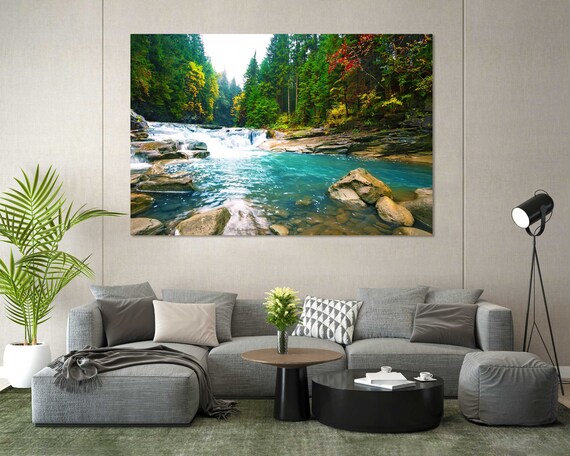 Mountain River In Green Forest Art Print For Wall On Waterfall Art For Wall Forest Painting Artwork Green Trees Large Art For Home