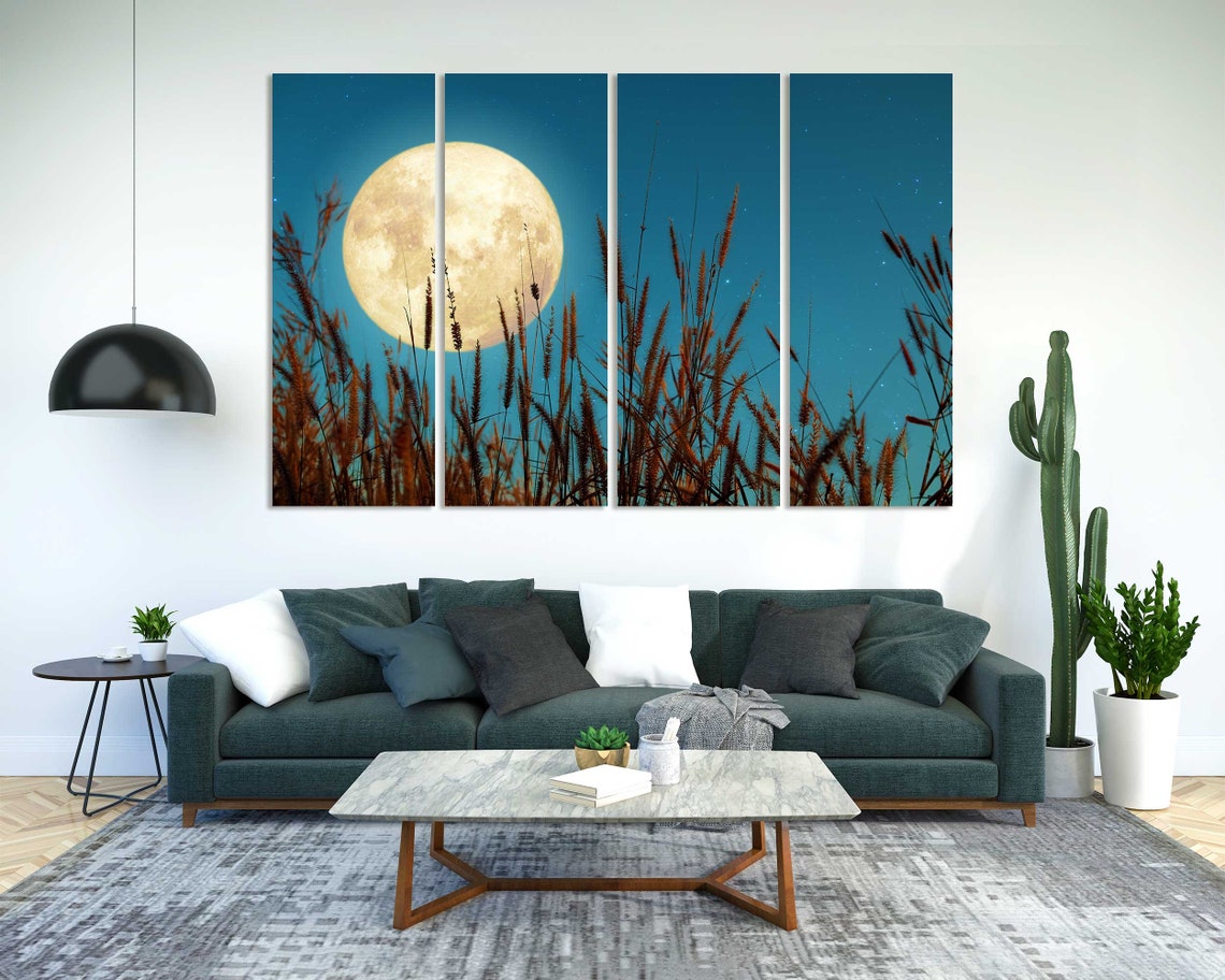 Full Moon Rising Over Tall Grass Field Starry Night Sky Nature Poster - Image 2