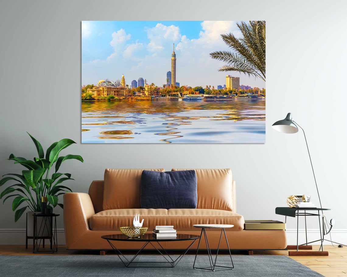 Cairo Egypt Nile River View with Cairo Tower and Palm Trees Poster