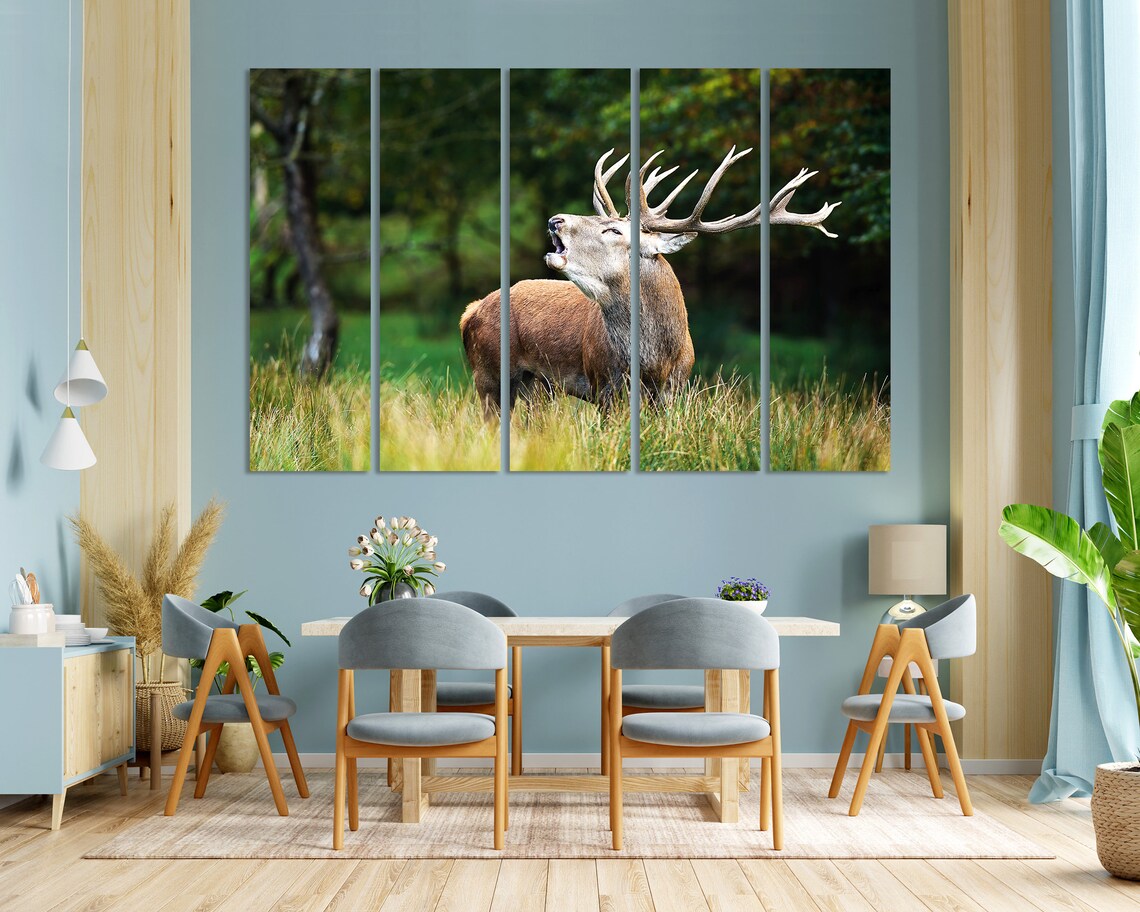 Red Deer Stag Bellowing In Meadow Wild Antlers Wildlife Photo Poster - Image 3