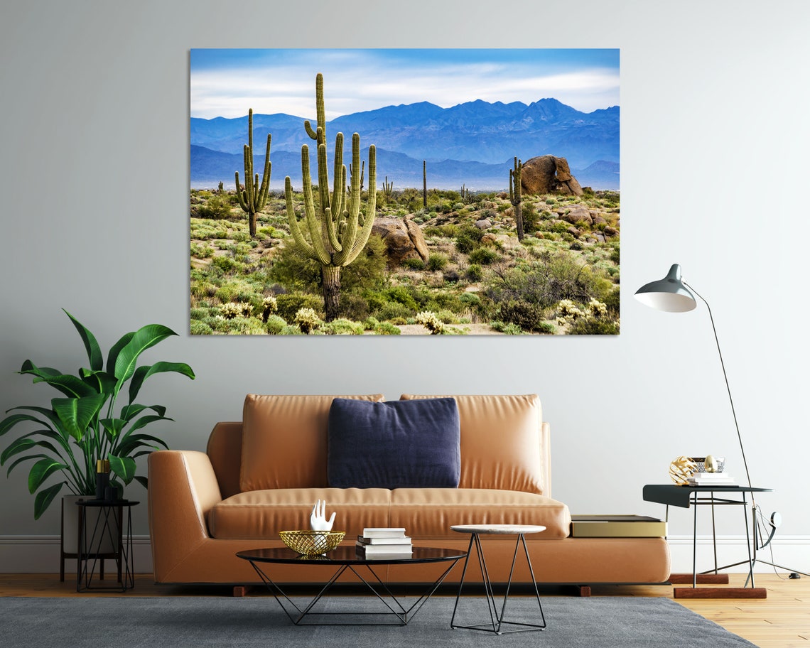 Saguaro Cactus Desert With Blue Mountains Landscape Photo Poster