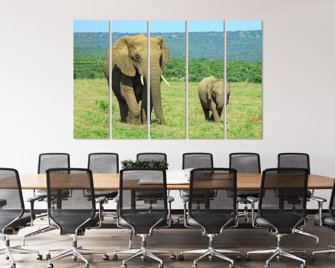 African Elephant Mother Calf Green Savanna Wildlife Safari Wall Decor Poster - Image 4