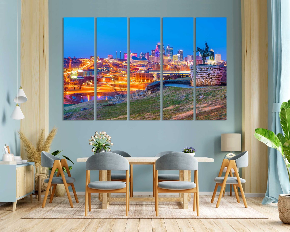 Kansas City Missouri Downtown Skyline Night Lights Scout Statue Poster - Image 3