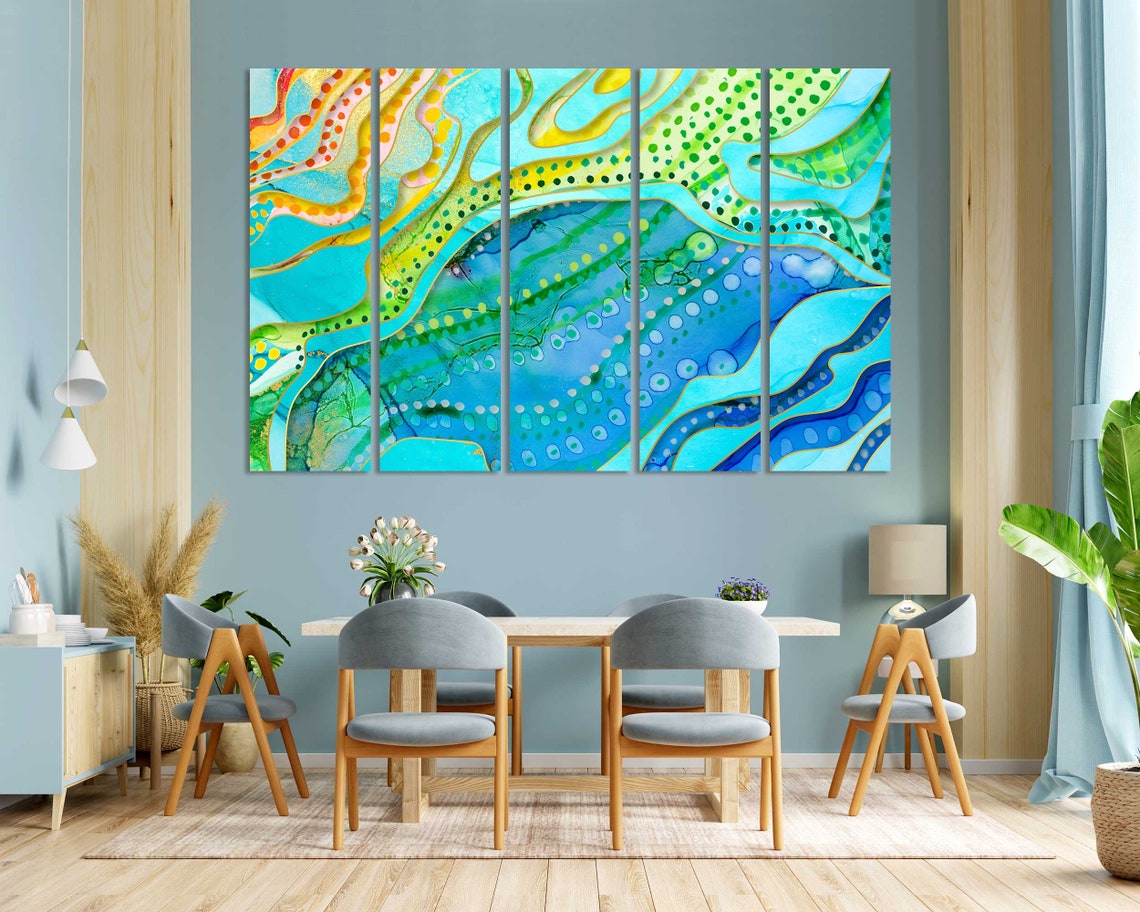 Turquoise Blue Green Yellow Abstract Waves Dotted Flow Art Poster