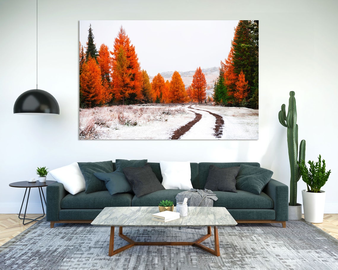 First Snow In Autumn Forest Orange Larch Trees Winter Path Poster - Image 2