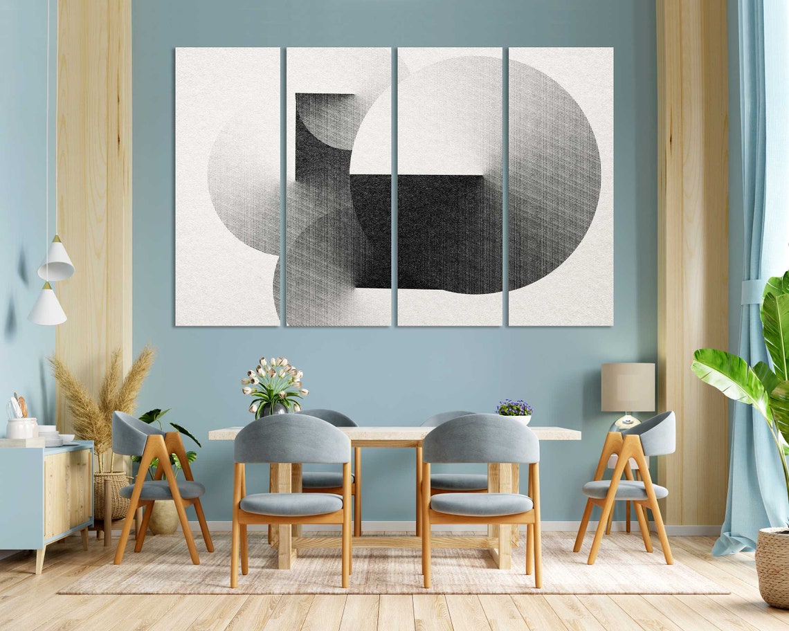 Black And White Geometric Circles Engraving Triptych Abstract Wall Art - Image 3
