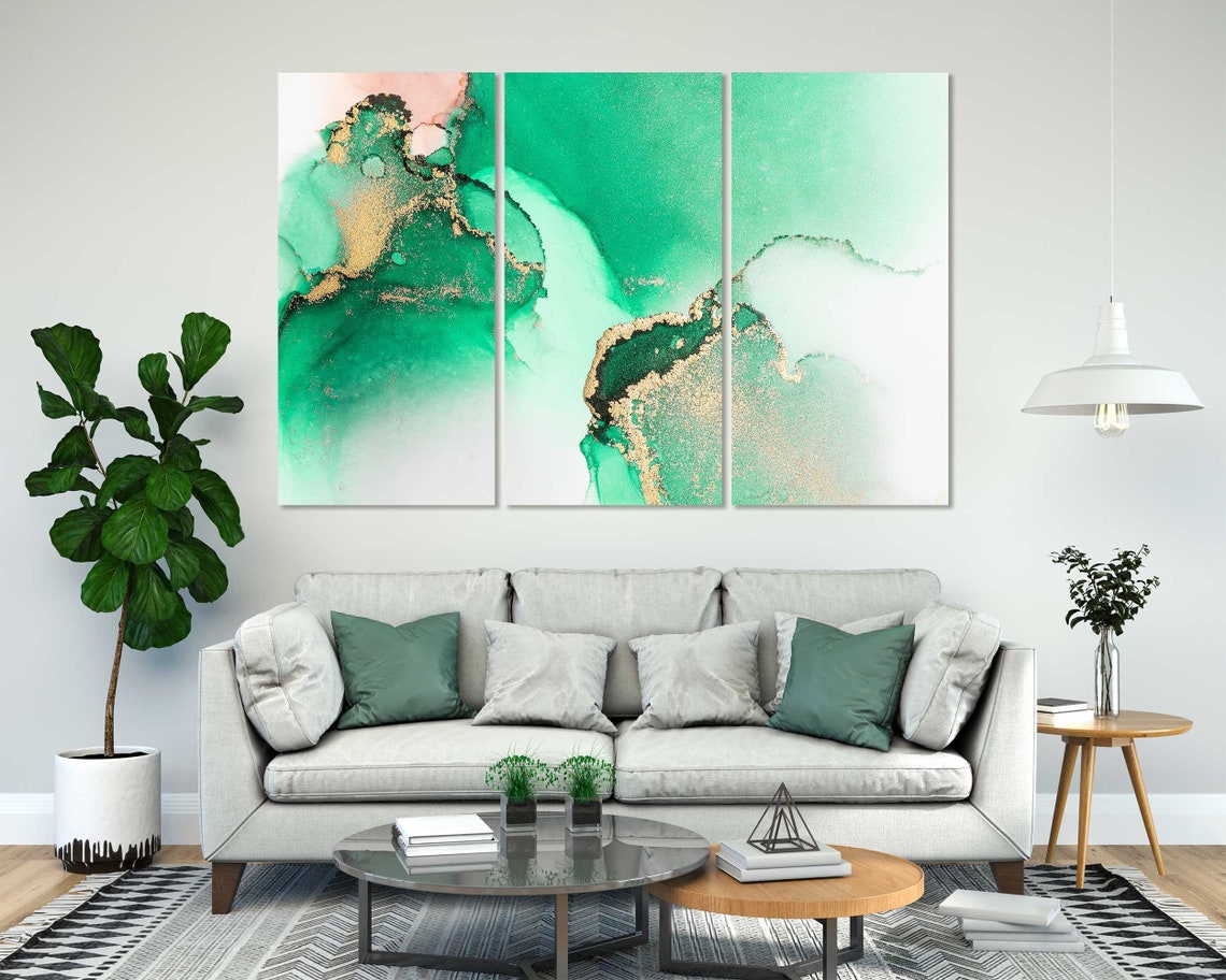 Emerald Green Gold Alcohol Ink Abstract Cloud Swirls Art Poster