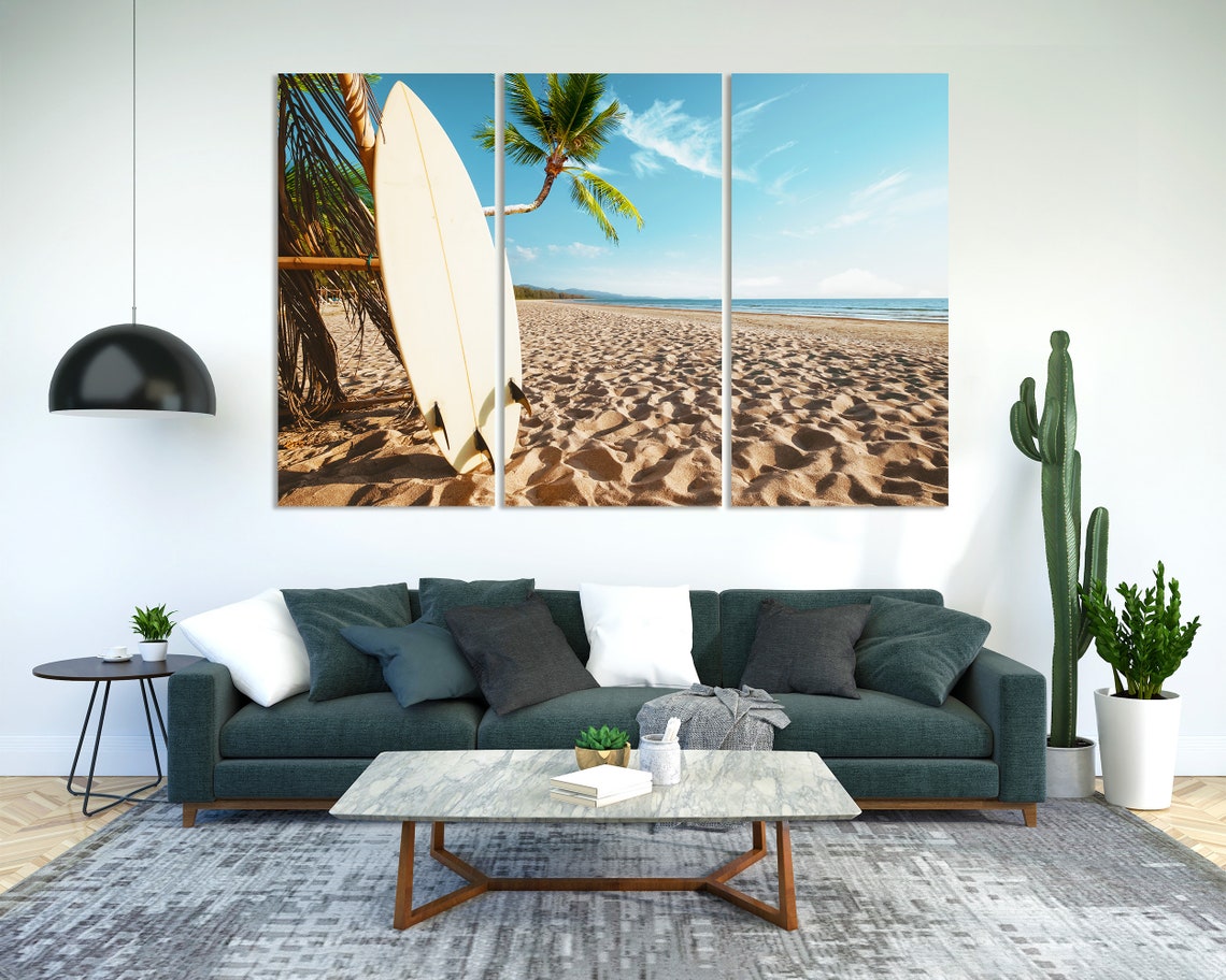 Surfboard on Sandy Beach Palm Trees Tropical Shore Travel Poster - Image 2