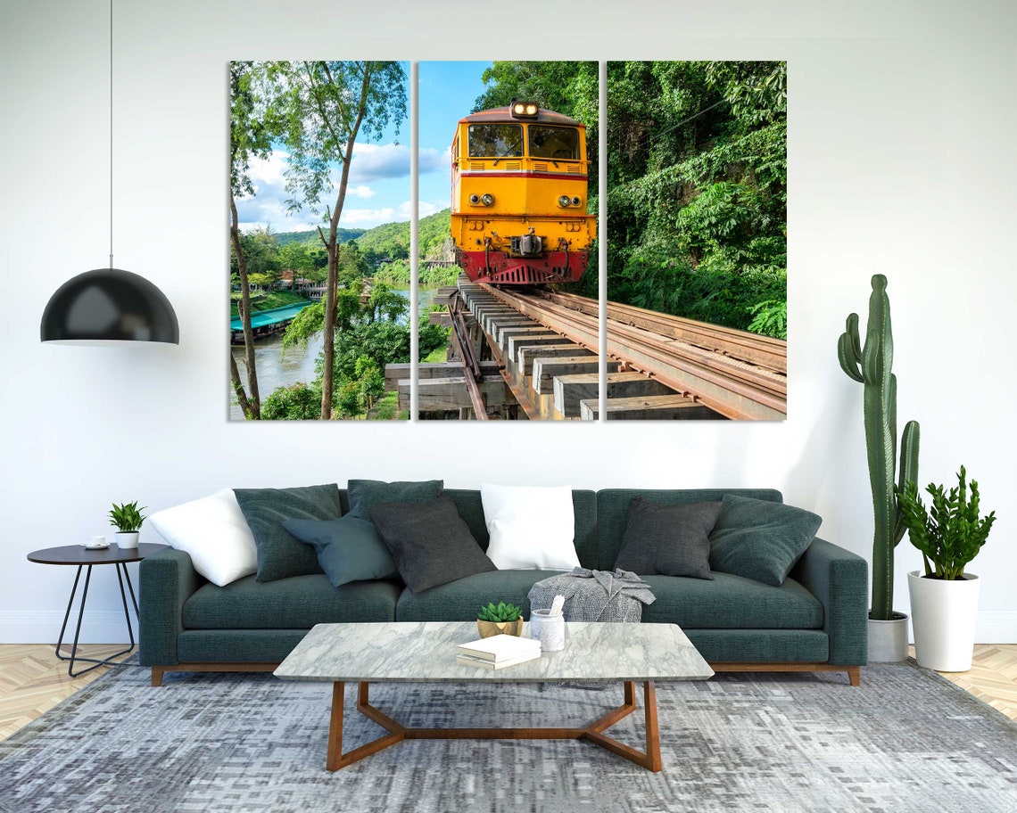 Yellow Train Crossing Wooden Trestle Bridge Jungle River Travel Print - Image 2