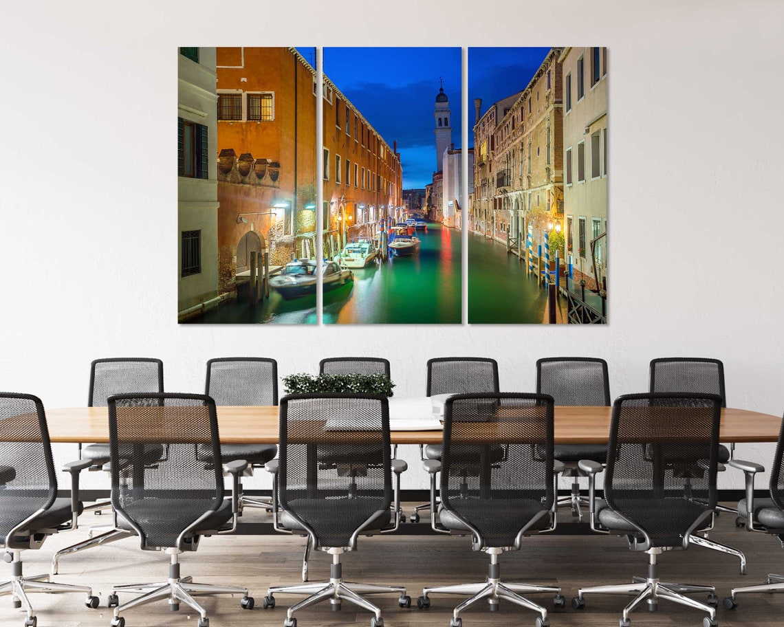 Venice Italy Canal At Night Boats Bell Tower Blue Hour Travel Poster - Image 4