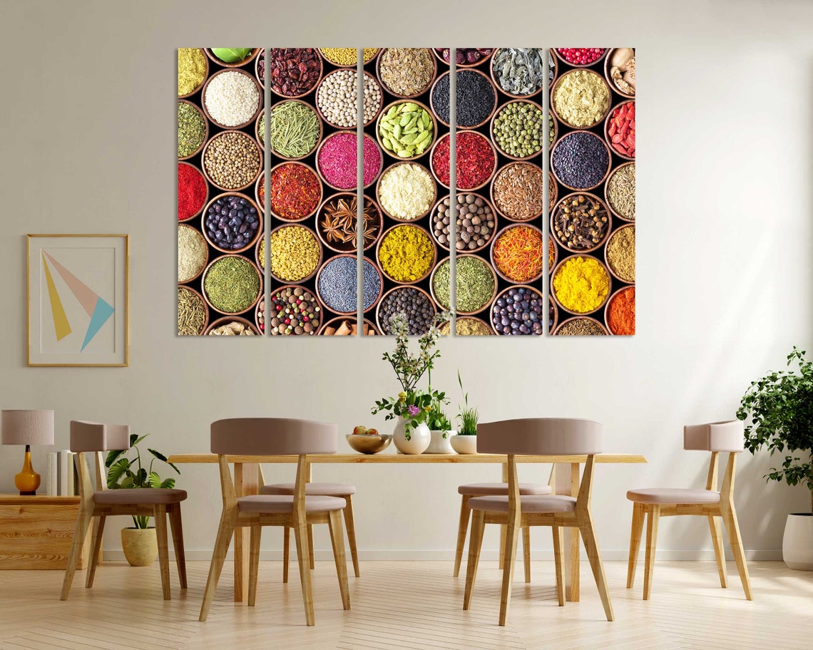 Colorful Spices In Wooden Bowls Kitchen Wall Decor Five Panel Poster