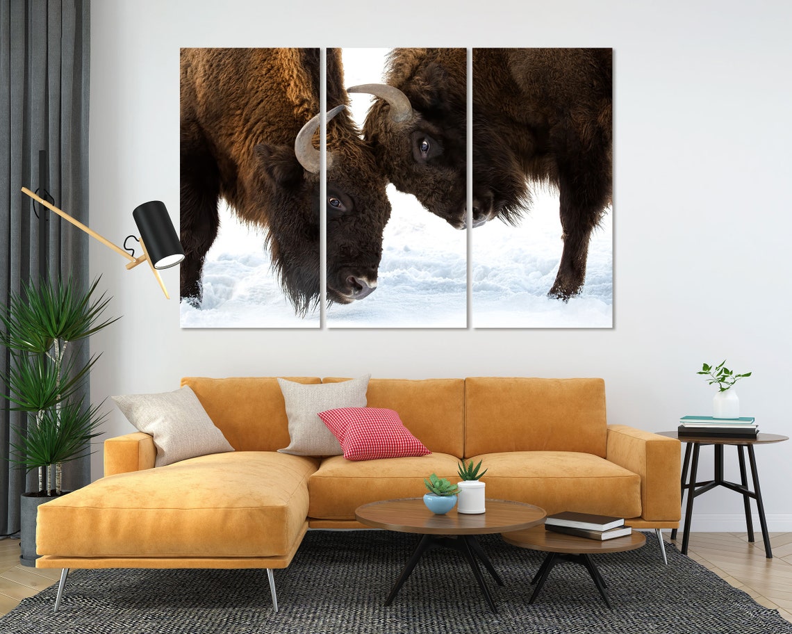 Two Bison Facing Off In The Snow Wildlife Winter Portrait Wall Art - Image 5