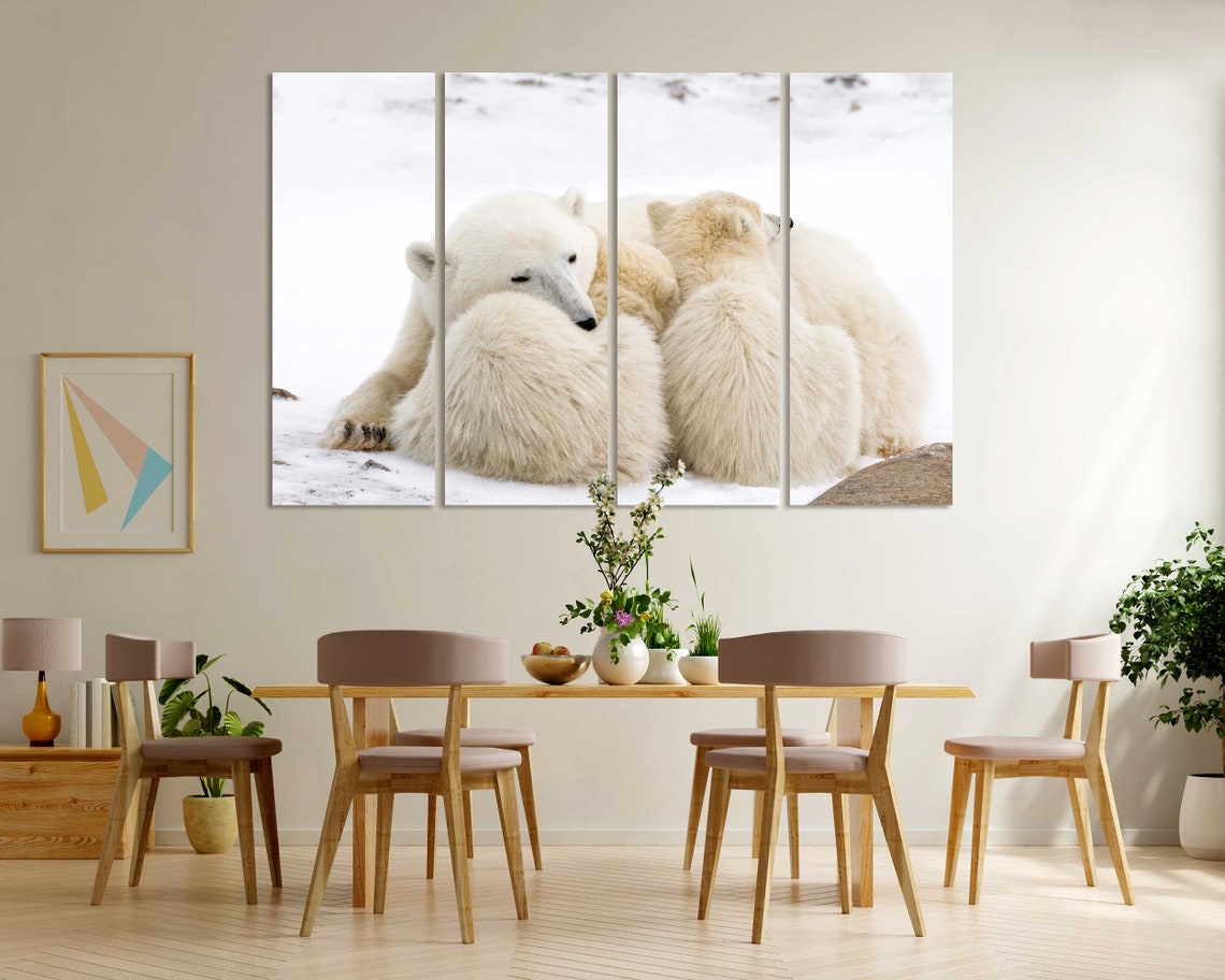 Polar Bear Mother Cuddling Cubs in Snow Arctic Wildlife Art Poster - Image 6
