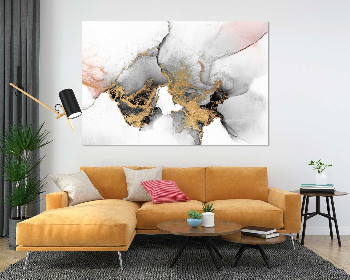 White Gray Gold Marble Abstract Watercolor Three Panel Modern Wall Art - Image 5