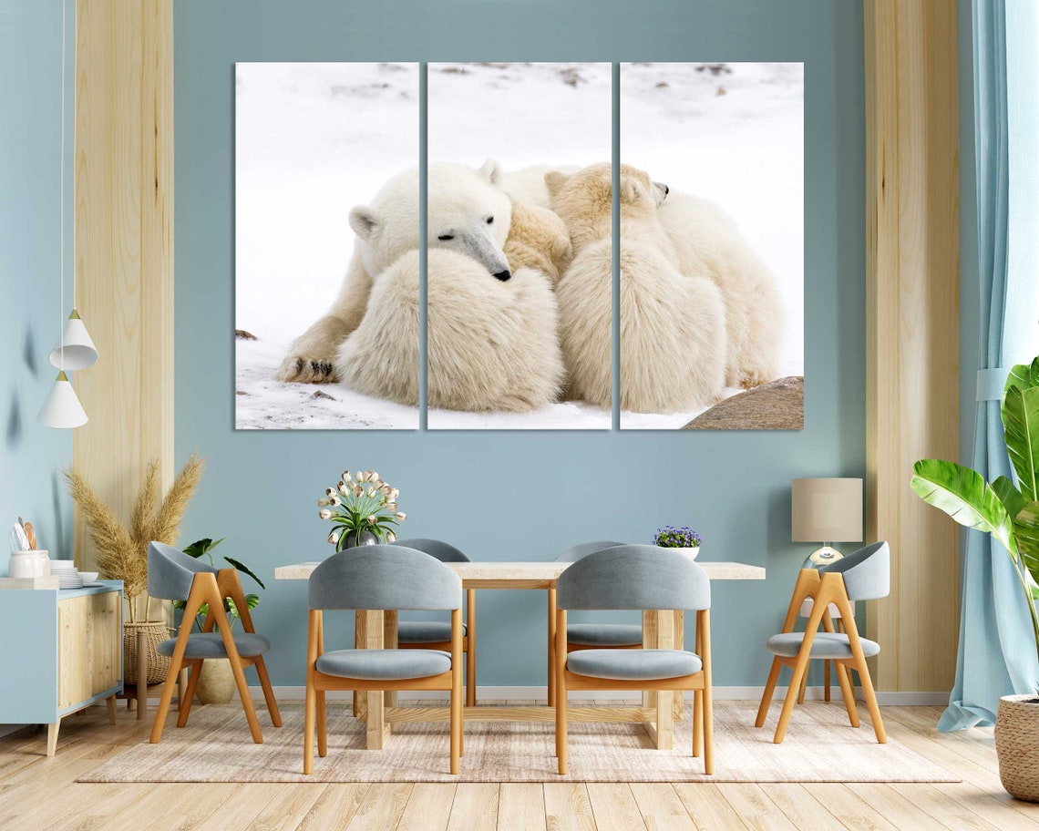 Polar Bear Mother Cuddling Cubs in Snow Arctic Wildlife Art Poster - Image 3