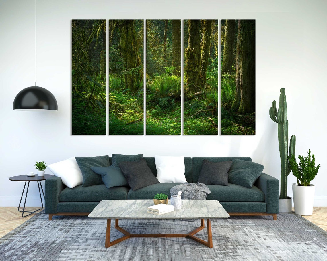 Lush Green Tropical Forest Sunlight Through Mossy Trees Wall Art - Image 2