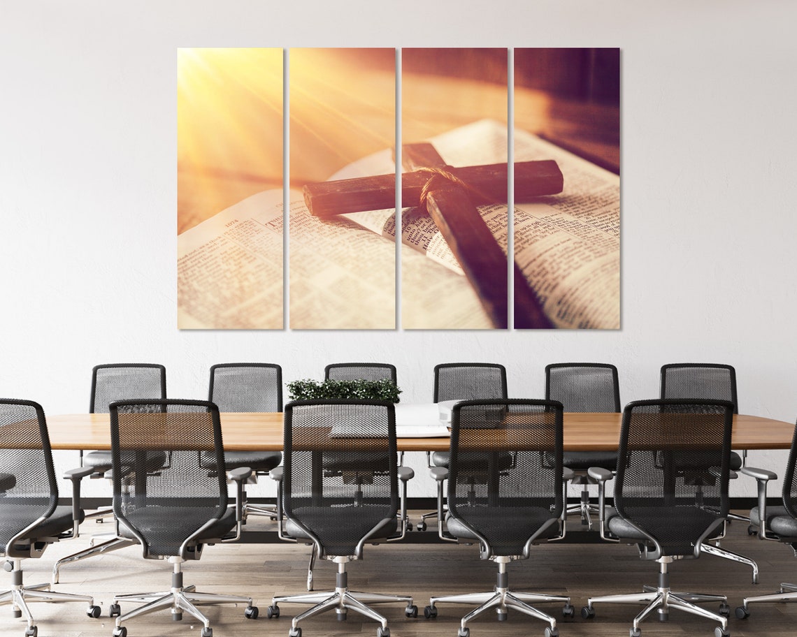 Wooden Cross On Open Bible Warm Light Faith Triptych Wall Art - Image 4