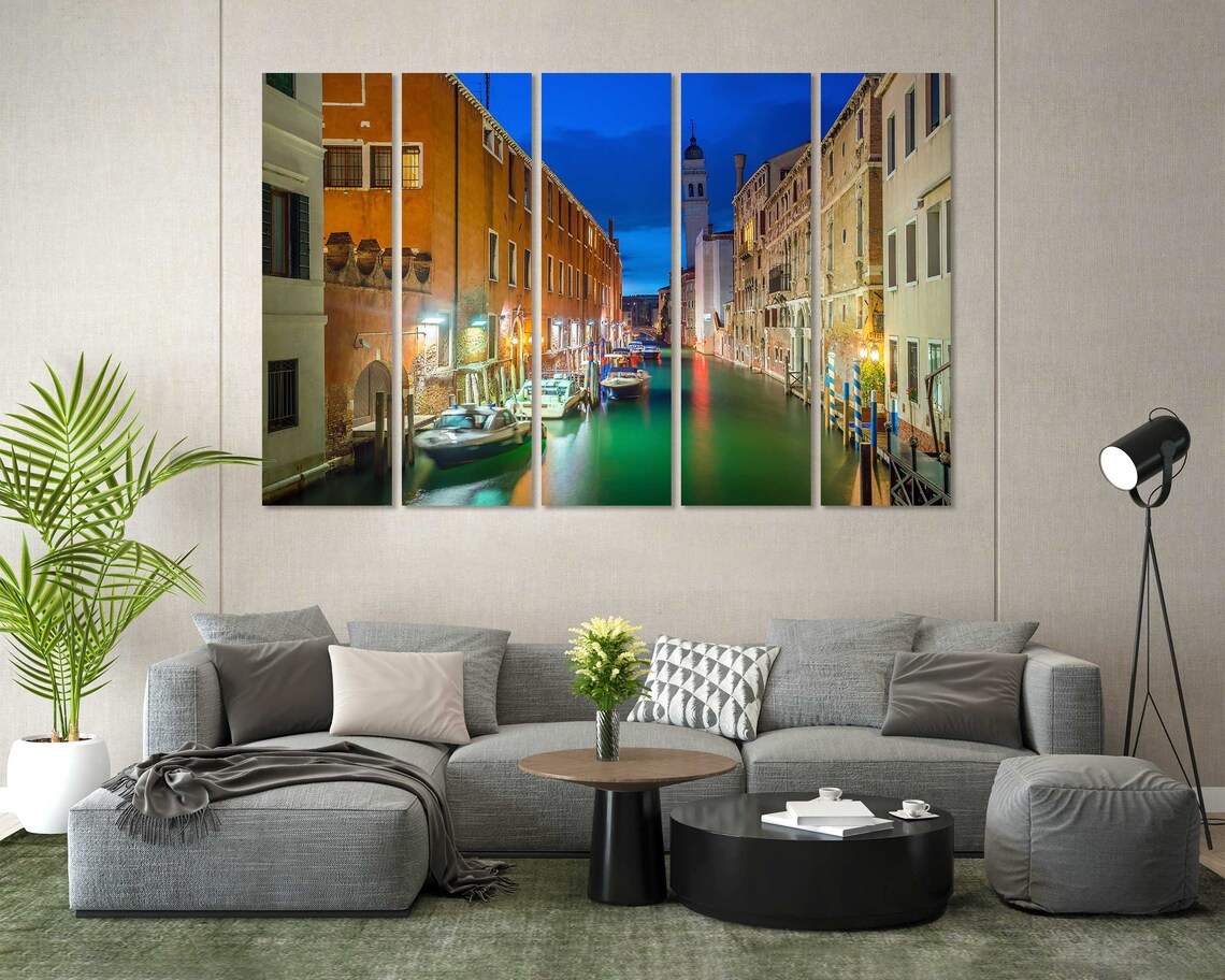 Venice Italy Canal At Night Boats Bell Tower Blue Hour Travel Poster - Image 8