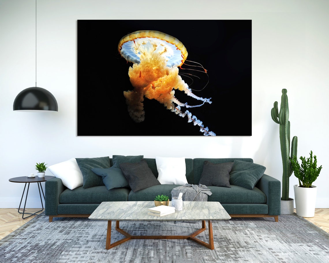 Glowing Golden Jellyfish Black Background Dramatic Ocean Poster - Image 2