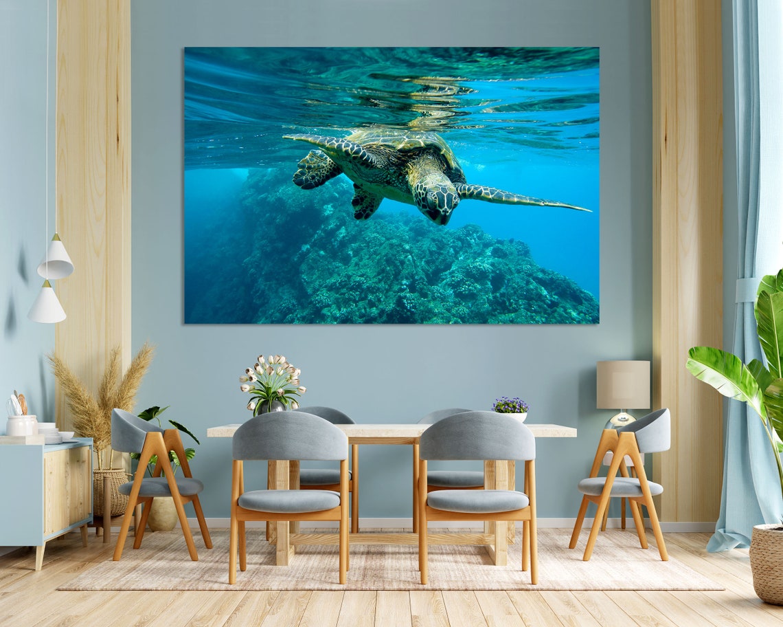 Sea Turtle Underwater Coral Reef Bright Turquoise Ocean Art Poster - Image 3