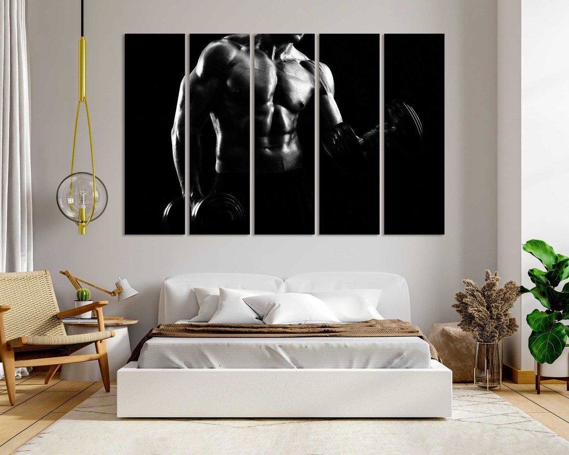 Black And White Bodybuilder Muscles Dumbbells Gym Strength Art Poster