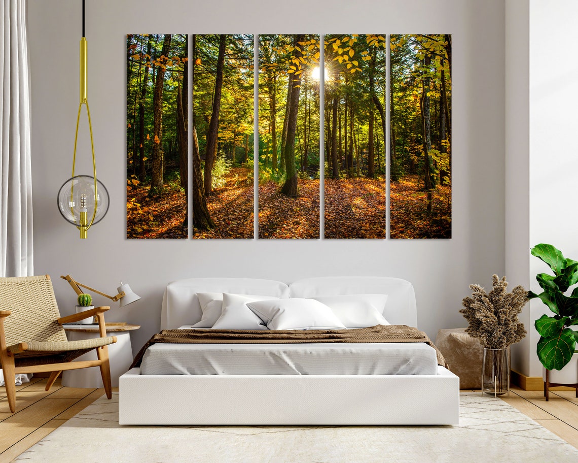 Sunlit Autumn Forest with Golden Leaves Carpet Woodland View Poster - Image 6