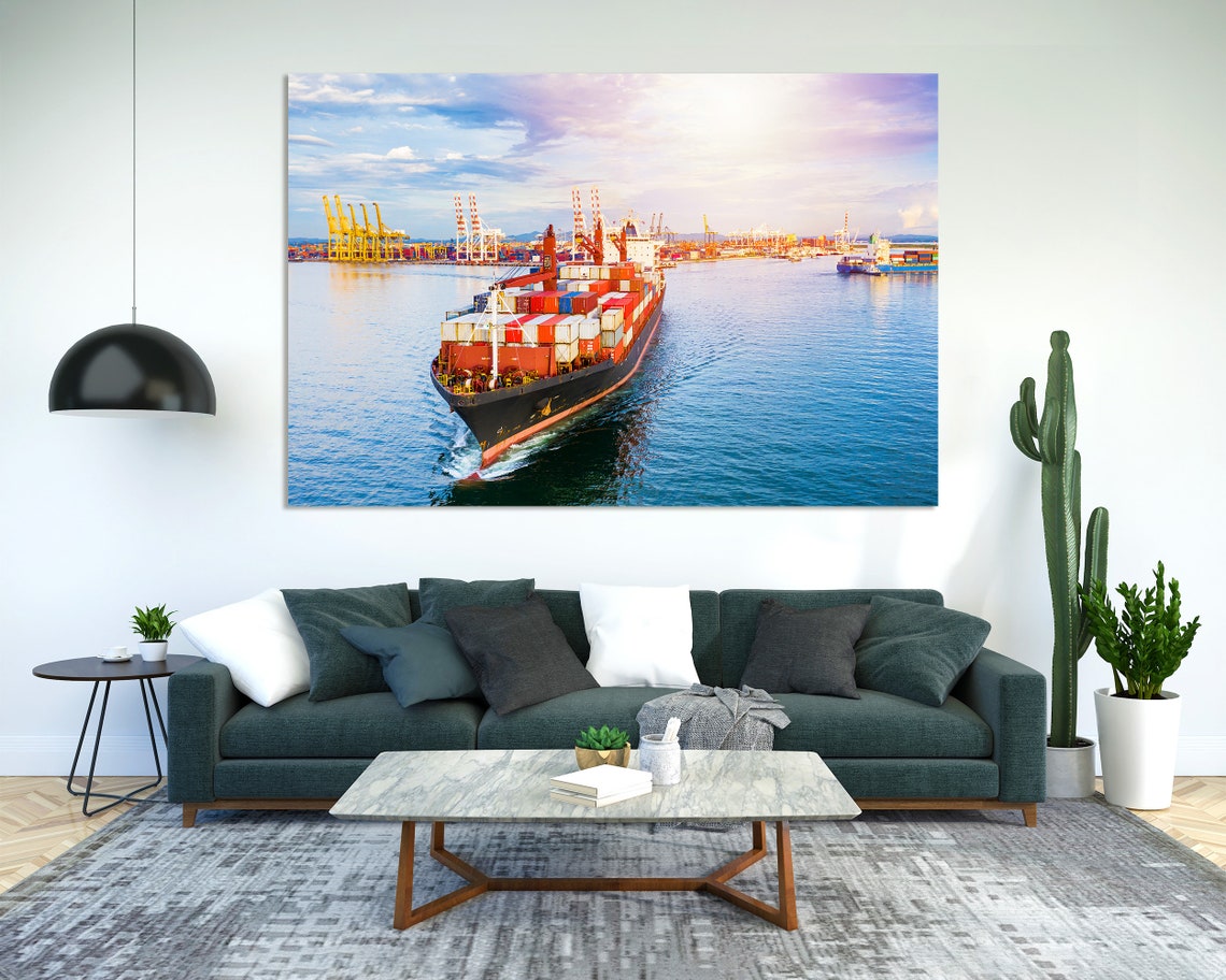 Container Cargo Ship Leaving Port Sunset Harbor Three Panel Poster - Image 2