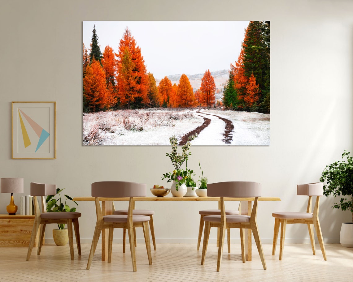 First Snow In Autumn Forest Orange Larch Trees Winter Path Poster