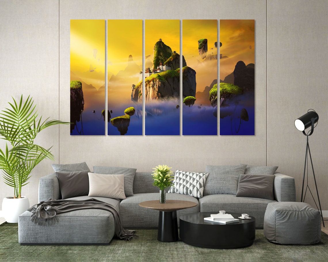 Chinese Fantasy Floating Islands Temple Golden Sunset Sky Art Print - Image 7