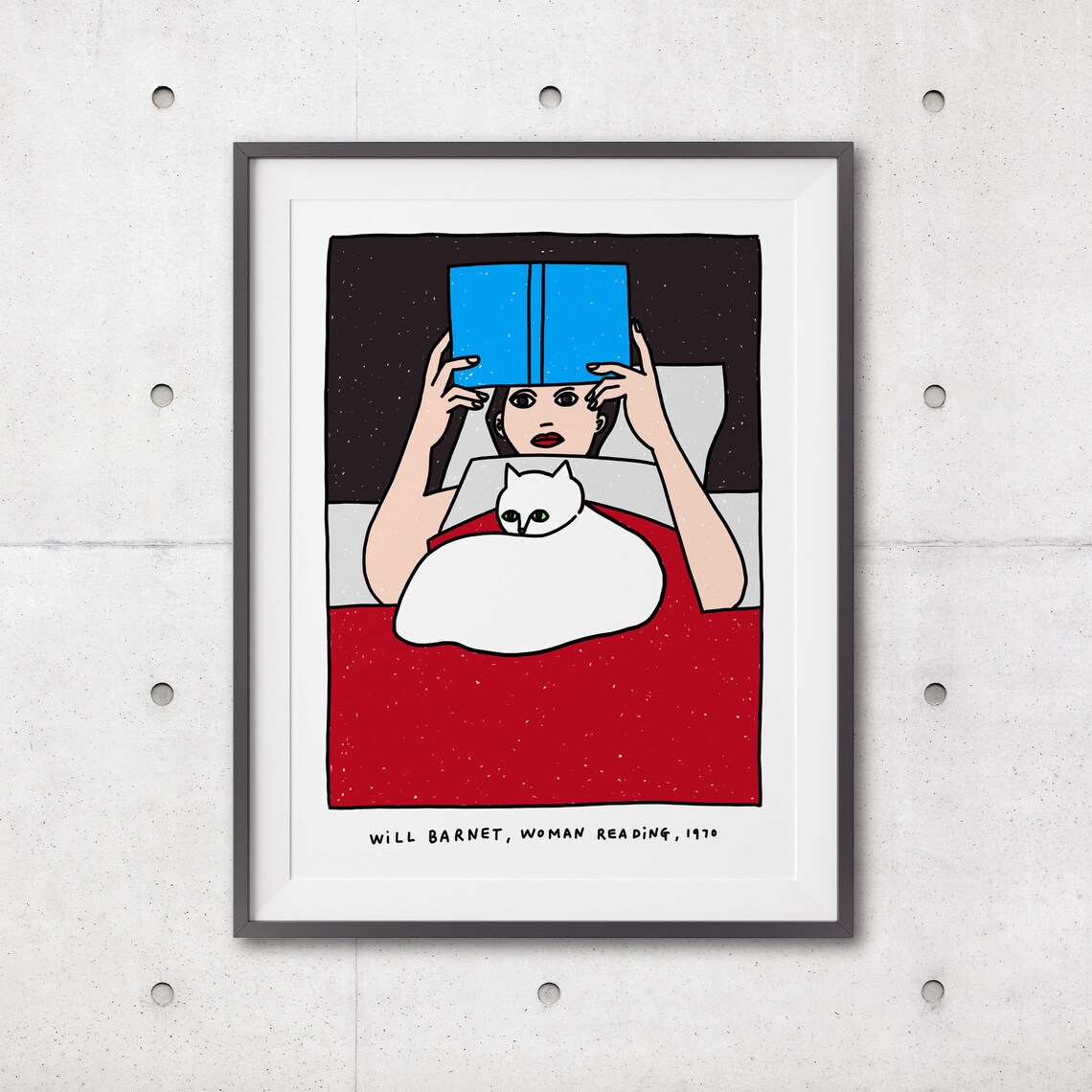 Will Barnet Woman Reading 1970 Cozy Cat in Bed Illustration Poster - Image 3