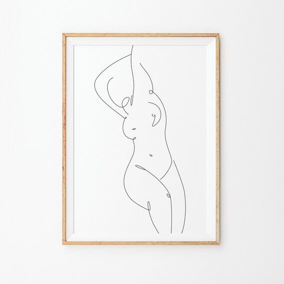 Standing Female Nude Figure Line Art Body Silhouette Drawing Poster
