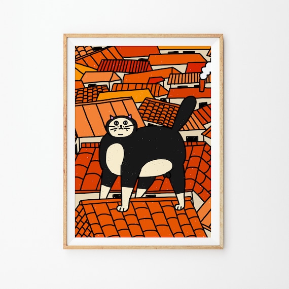 Black Cat on Terracotta Rooftops Whimsical Orange City Poster