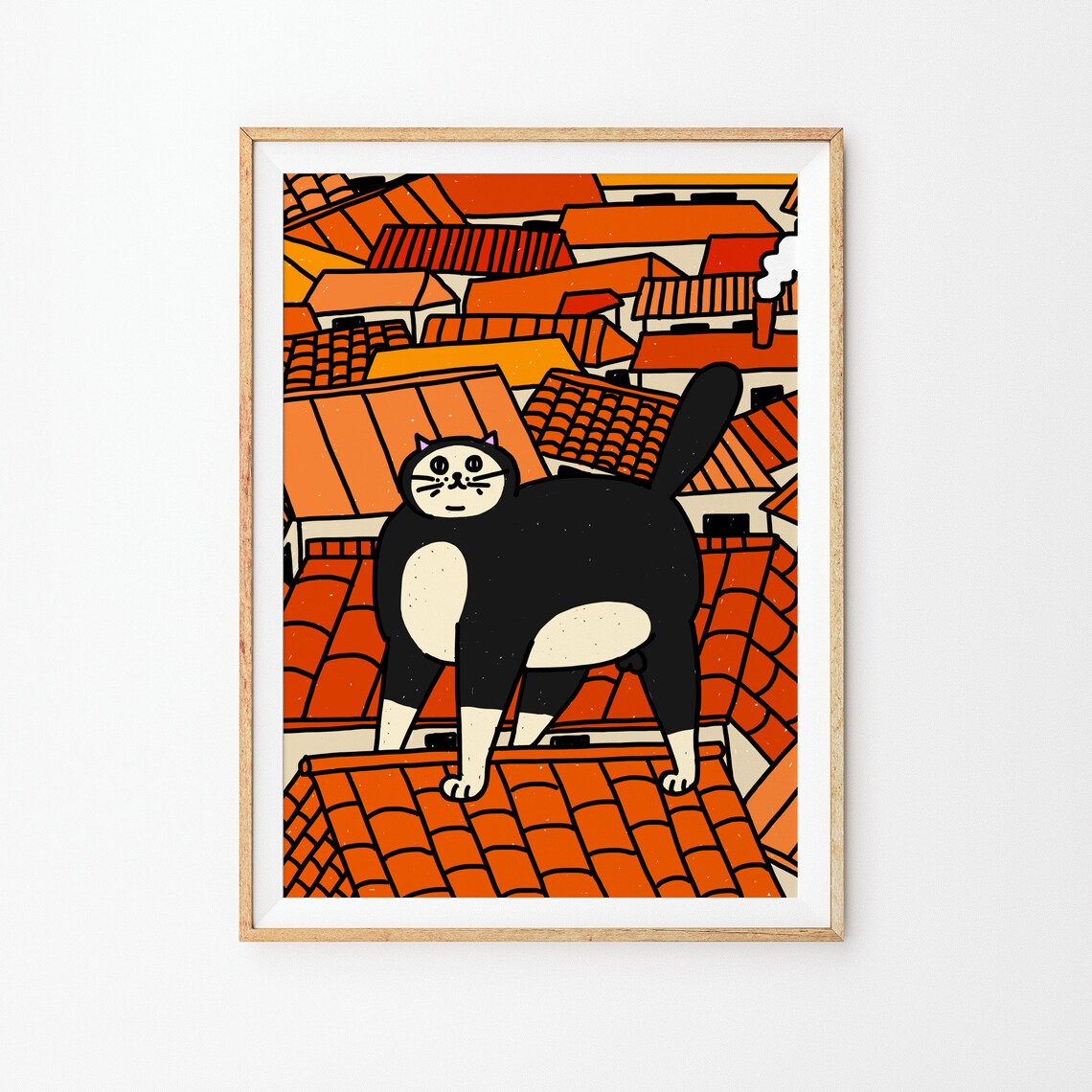 Black Cat on Terracotta Rooftops Whimsical Orange City Poster