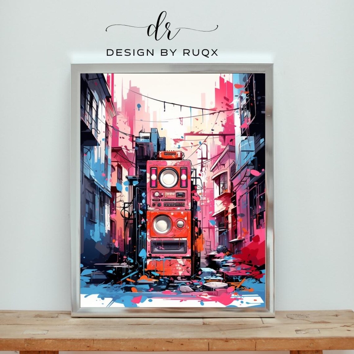 Retro Red Boombox Graffiti Art Poster In A Colorful Urban Alley